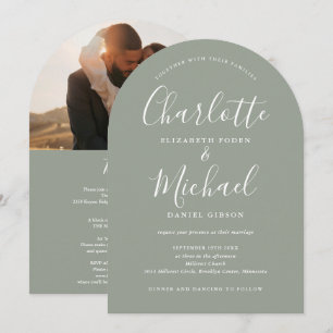 All In One Script Photo Sage Green Arch Wedding Invitation