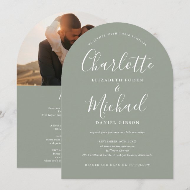 All In One Script Photo Sage Green Arch Wedding Invitation (Front/Back)
