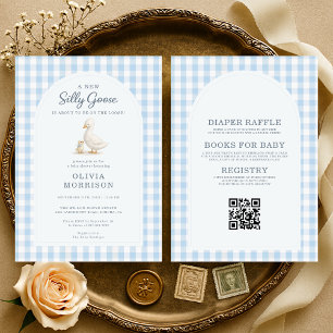All in One Silly Goose Blue Gingham Baby Shower Invitation