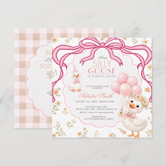 All in One Silly Goose Gingham Bow Baby Shower Invitation (Front/Back)