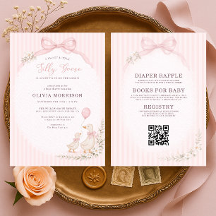 All in One Silly Goose Pink Stripes Baby Shower Invitation