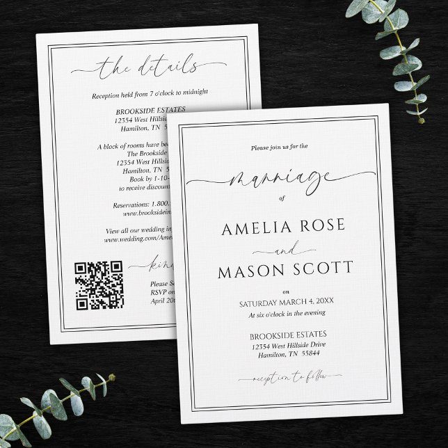 All in One Simple Minimal Black and White Wedding Invitation (All in One Simple Minimal Black and White Wedding Invitation Front and Back)