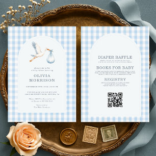 All in One Stork Gingham Blue Boy Baby Shower Invitation