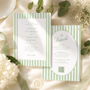 All In One Striped Sage Green Wedding Invitation