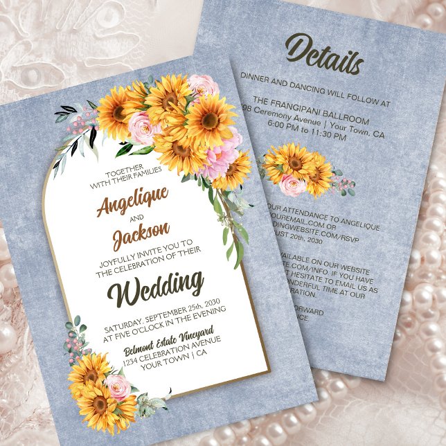 All In One Sunflower Pink Rose Grey Arch Wedding Invitation (Creator Uploaded)