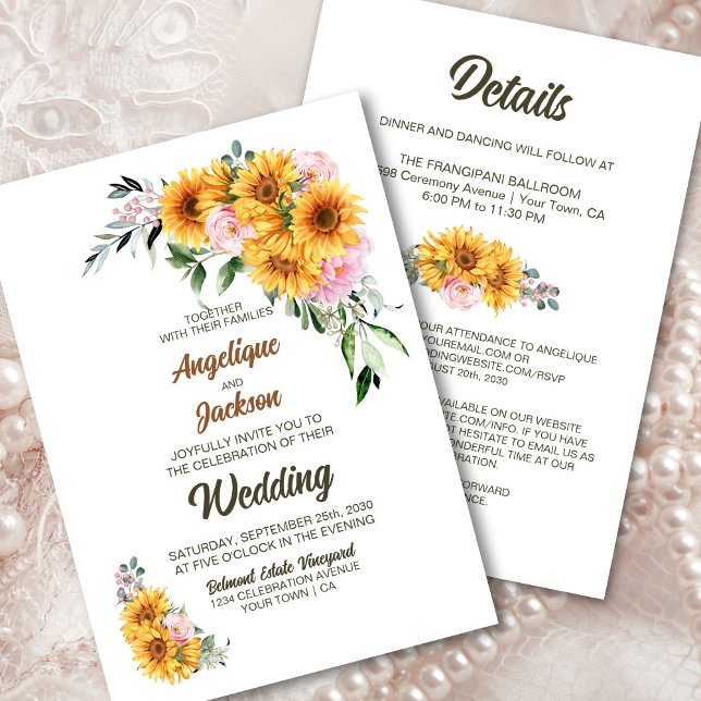 All In One Sunflower Pink Rose Wedding Invitation (Creator Uploaded)