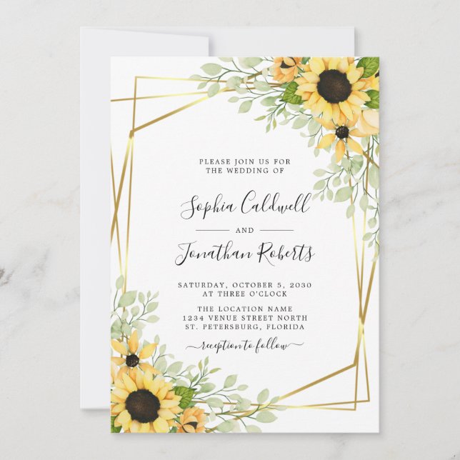 All in One Sunflowers Greenery Gold Wedding Invitation (Front)