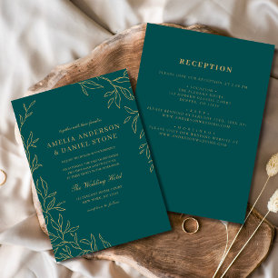 All in One Teal Green Gold Minimal Leaf Wedding Invitation