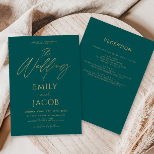 All in One Teal Green Gold Wedding Script Invitation
