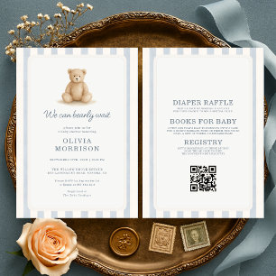 All in One Teddy Bear Boy Blue Stripes Baby Shower Invitation