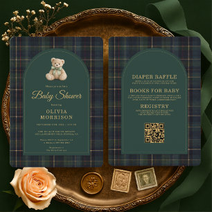 All in One Teddy Bear Tartan Green Baby Shower Invitation