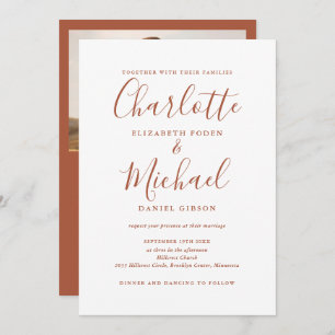 All In One Terracotta Chic Script Photo Wedding Invitation