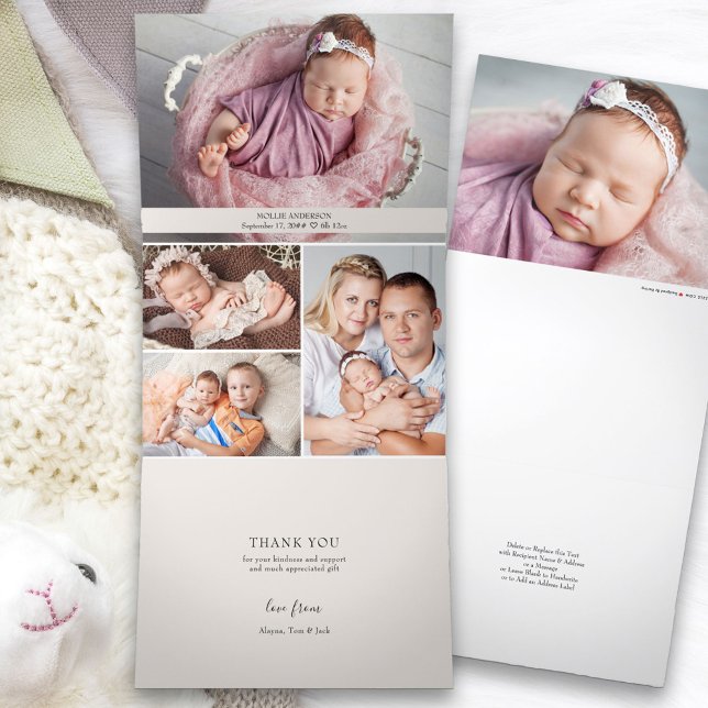 All in One Thank You and Birth 5 Baby Photo  Tri-Fold Announcement (Photo Baby Birth Announcement and Thank You card on all-in-one trifold design.)