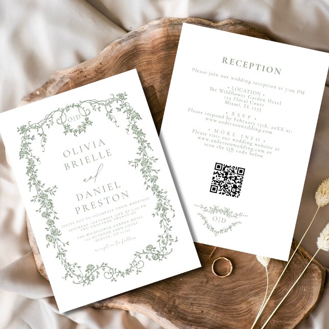 All In One Victorian Sage Green QR Code Wedding Invitation (Creator Uploaded)