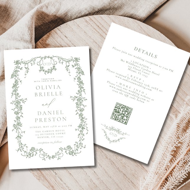 All In One Victorian Sage Green QR Code Wedding Invitation (Creator Uploaded)