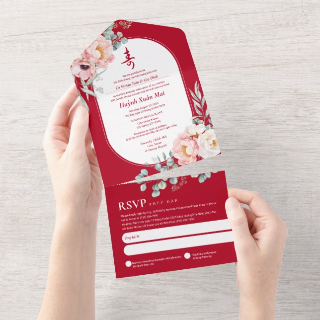 All in One Vietnamese Elderly Birthday Invitation (Tearaway)