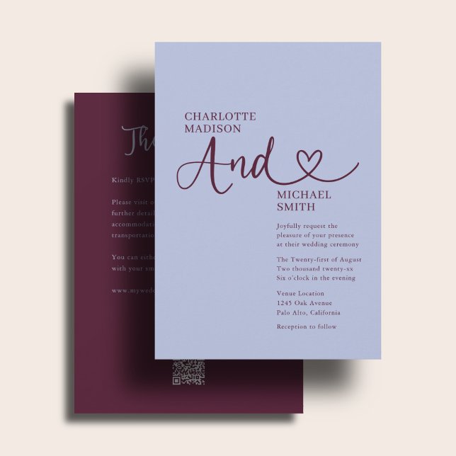 All In One Wedding Bold Periwinkle Plum Heart Invitation (Creator Uploaded)