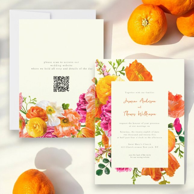 all in one wedding qr code orange poppy wedding invitation (Creator Uploaded)