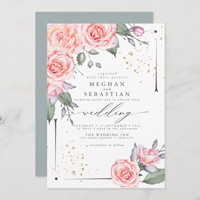 ALL in One  Wedding Watercolor Greenery Invitation (Front/Back)