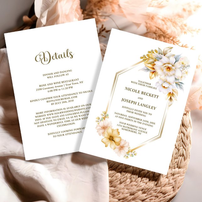All In One White Gold Floral Geometric Wedding Invitation (Creator Uploaded)