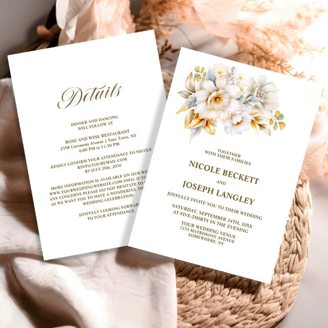 All In One White Gold Floral Wedding Invitation (Creator Uploaded)