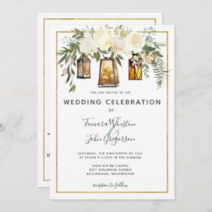 All In One White Peonies Rustic Gold Lanterns Invitation