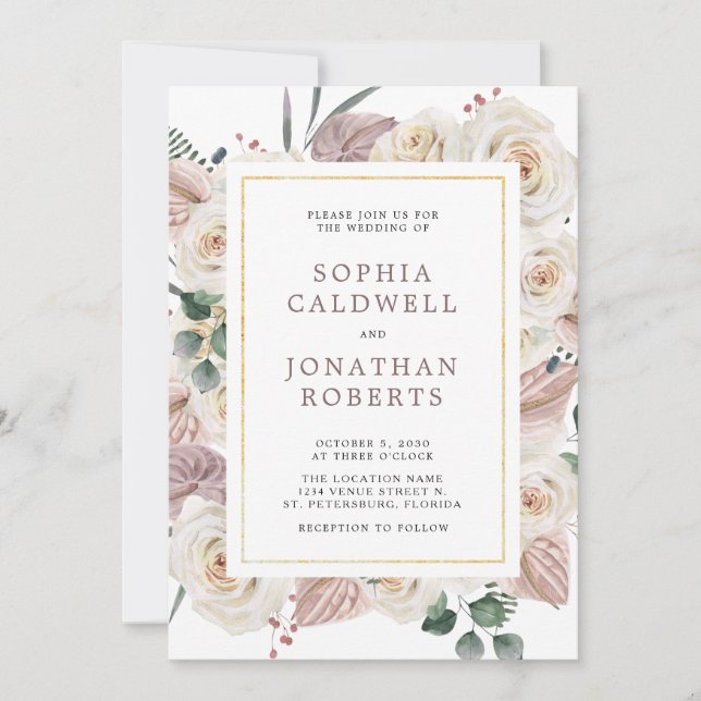 All in One White Roses Tropical Flowers Wedding Invitation (Front)
