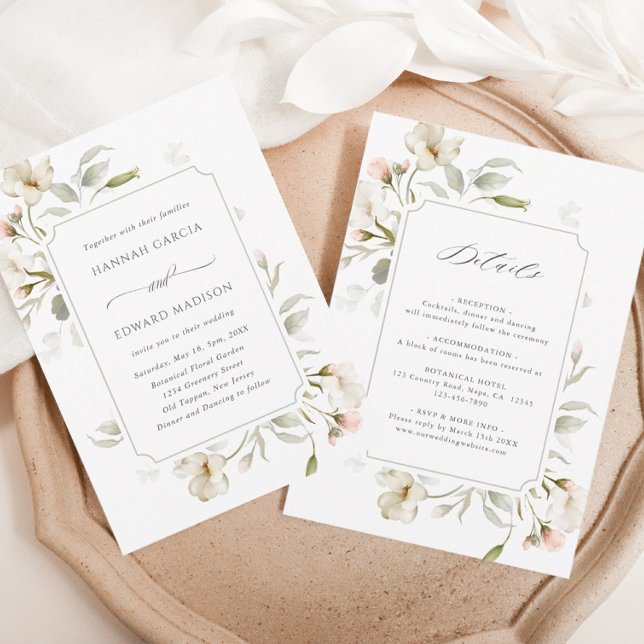 All In One White Sage Blush Elegant Floral Wedding Invitation (Creator Uploaded)