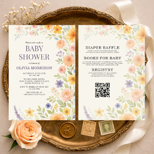 All in One Wildflower Floral QR Code Baby Shower Invitation