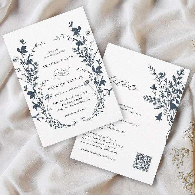 All In One Wildflower Wreath Navy & White Wedding  Invitation (Front & Back)