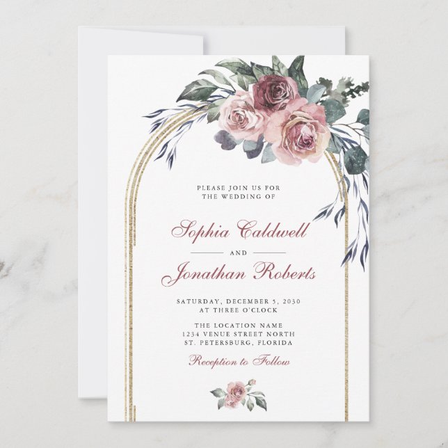 All in One Winter Roses Eucalyptus Gold Wedding Invitation (Front)