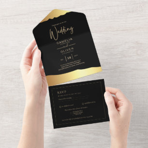 All Inclusive 2 Black Gold Themed Wedding RSVP  All In One Invitation