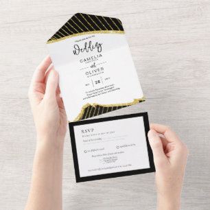All Inclusive 3 Black Gold Themed Wedding RSVP  In One Invitation