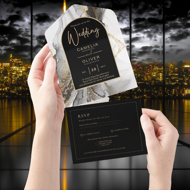 All Inclusive Black Gold elegant Wedding RSVP  All In One Invitation (Creator Uploaded)