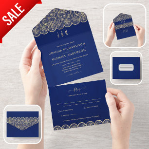 All Inclusive Blue Gold Lace Wedding with RSVP In One Invitation