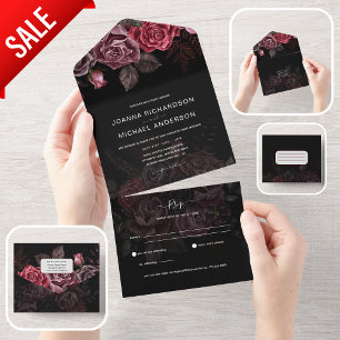 All Inclusive Burgundy Black Gothic Roses RSVP In One Invitation