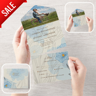 All Inclusive Dusty Blue Cream PHOTO Wedding RSVP In One Invitation