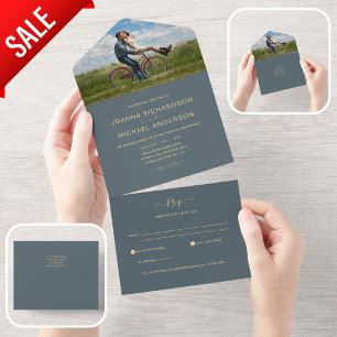 All Inclusive Dusty Blue PHOTO Wedding RSVP In One Invitation