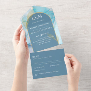 All Inclusive Dusty Blue Teal Aqua Wedding RSVP In One Invitation