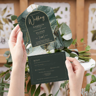 All Inclusive Emerald Green Gold Wedding RSVP In One Invitation