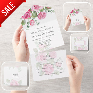 All Inclusive PINK Roses Wedding Floral RSVP All In One Invitation