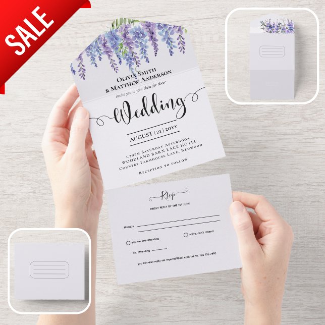 All Inclusive Purple Wisteria Floral Wedding RSVP In One Invitation (Creator Uploaded)