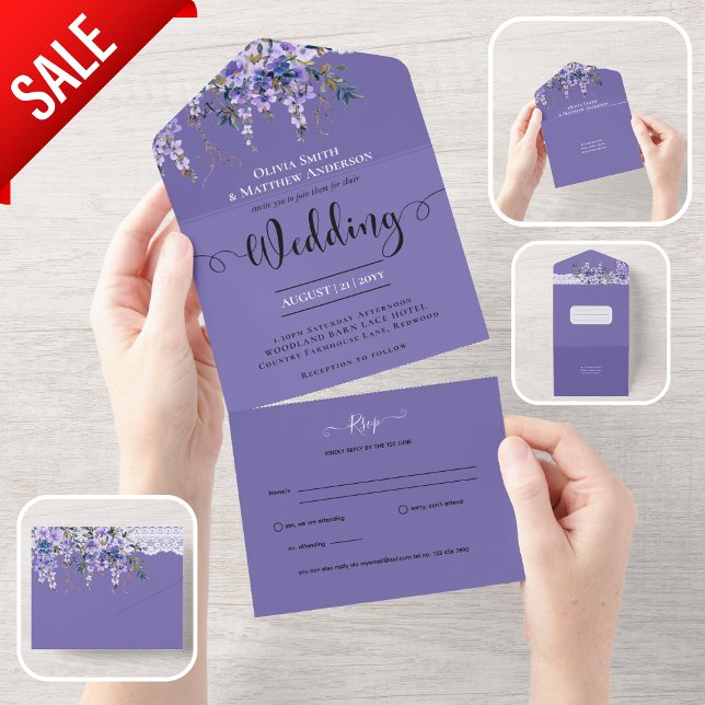 All Inclusive Purple Wisteria Flowers Wedding RSVP All In One Invitation (Creator Uploaded)