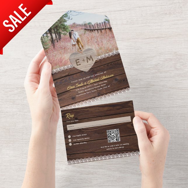 All Inclusive Rustic Wood Lace Photo QR Code RSVP All In One Invitation (Creator Uploaded)