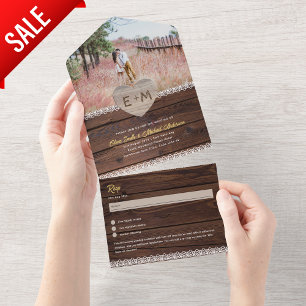All Inclusive Rustic Wood Lace Photo Tear Off RSVP In One Invitation