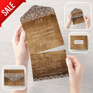 All Inclusive Rustic Wood Lace Wedding with RSVP In One Invitation