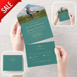 All Inclusive Teal Gold PHOTO Wedding RSVP In One Invitation