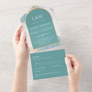 All Inclusive Teal Turquoise Wedding RSVP In One Invitation