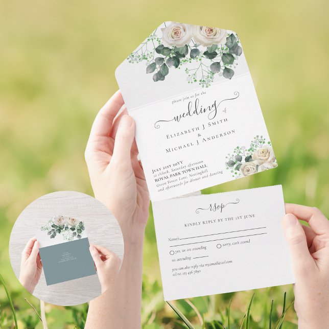 All Inclusive White Roses Floral Wedding RSVP  In One Invitation (Creator Uploaded)