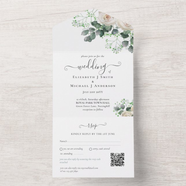 All Inclusive White Roses Sage Leaves Wedding RSVP All In One Invitation (Inside)